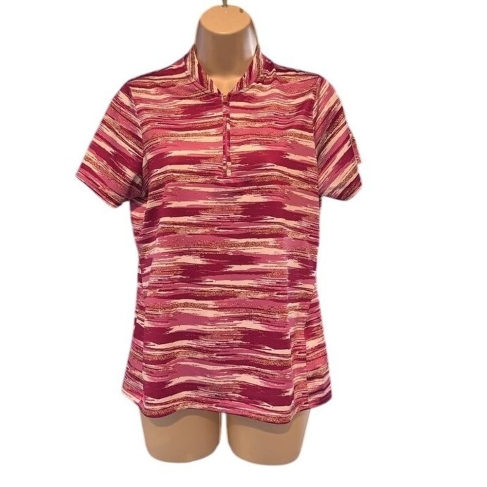 Antigua Womens Pink Abstract Stripe Quarter Zip Golf Polo Shirt Size S 104387